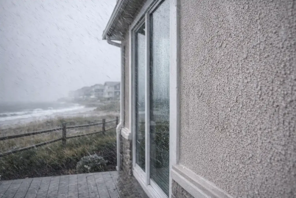 Rain and salt air hitting stucco exterior on Jersey Shore NJ coastal home