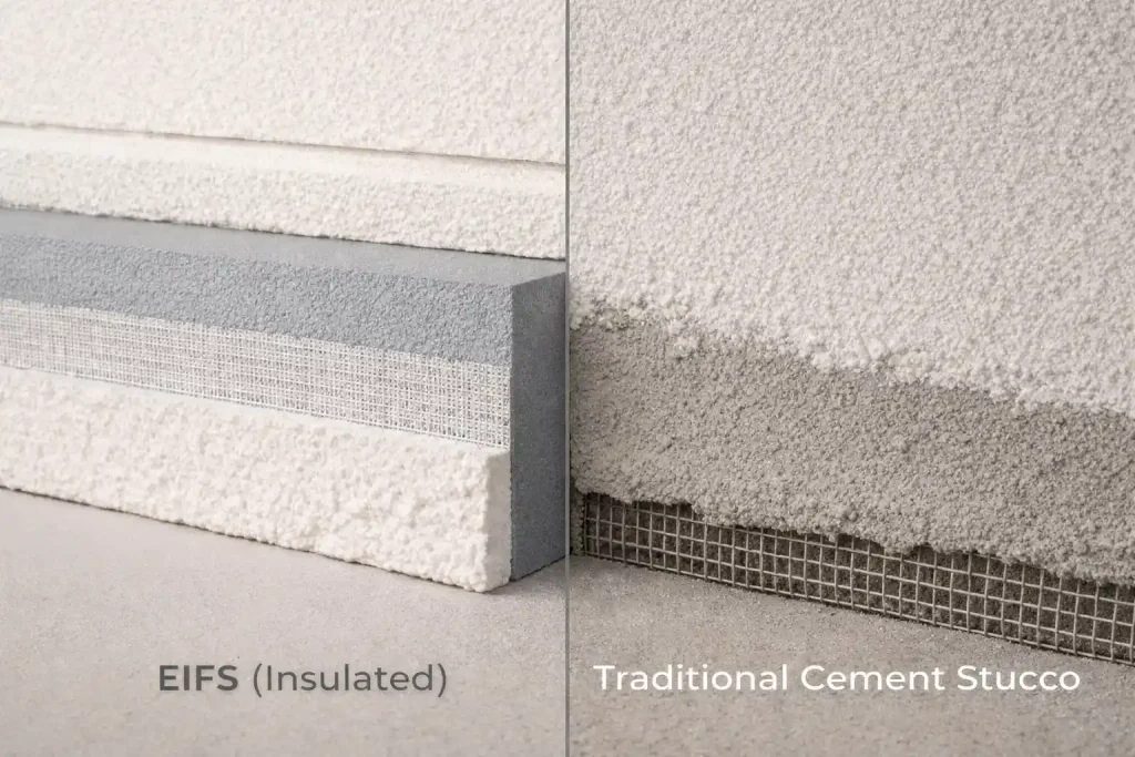 EIFS and traditional stucco wall comparison showing layered exterior system differences