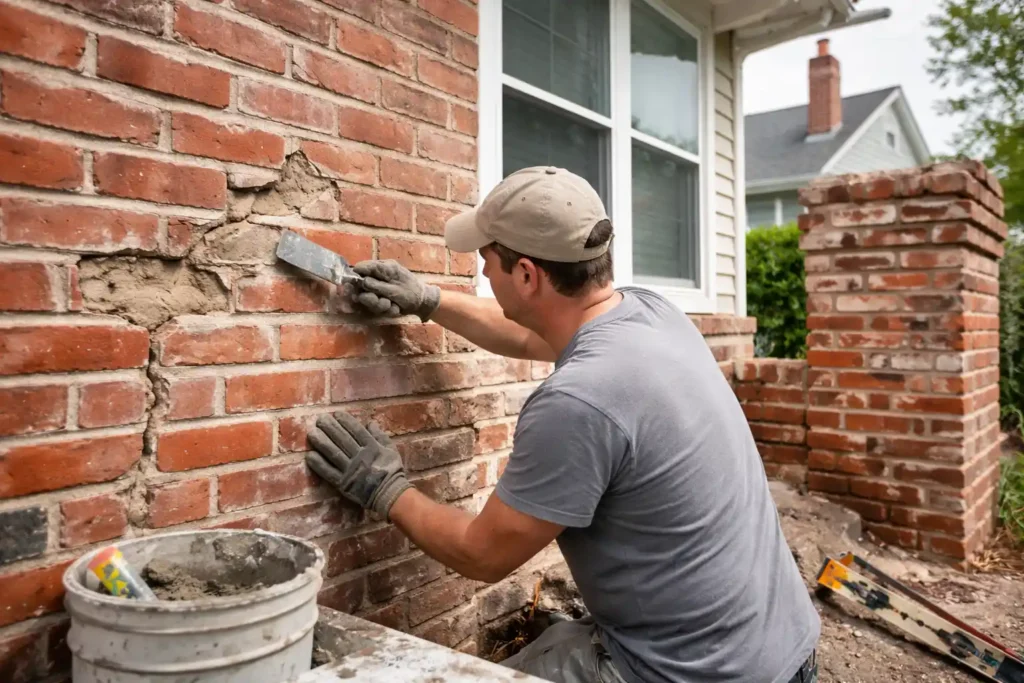 Masonry contractor repairing cracked brick wall at a Jersey Shore NJ home