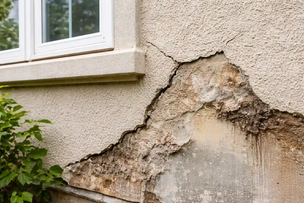 Cracked exterior stucco near window showing moisture damage in Jersey Shore NJ