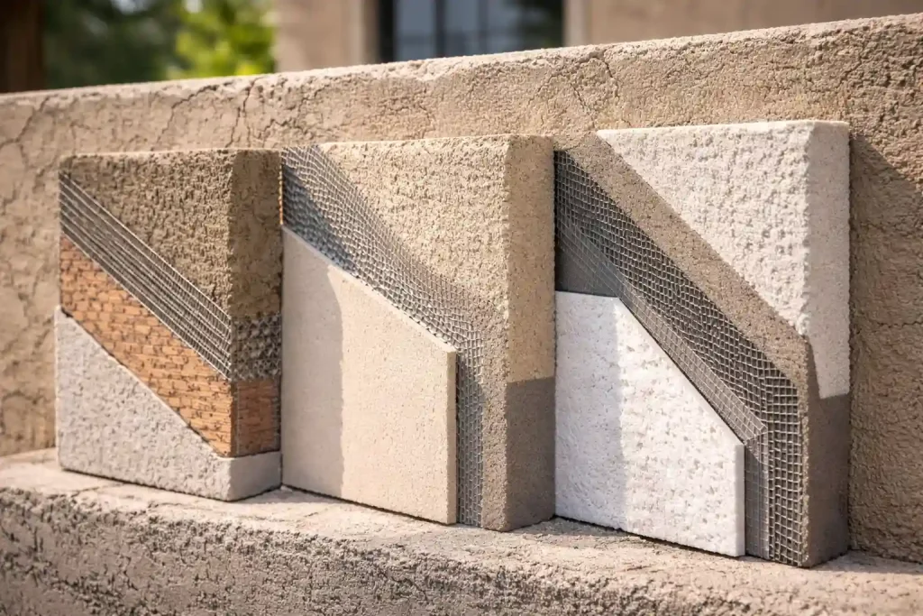 Three stucco wall system samples including traditional, one-coat, and EIFS