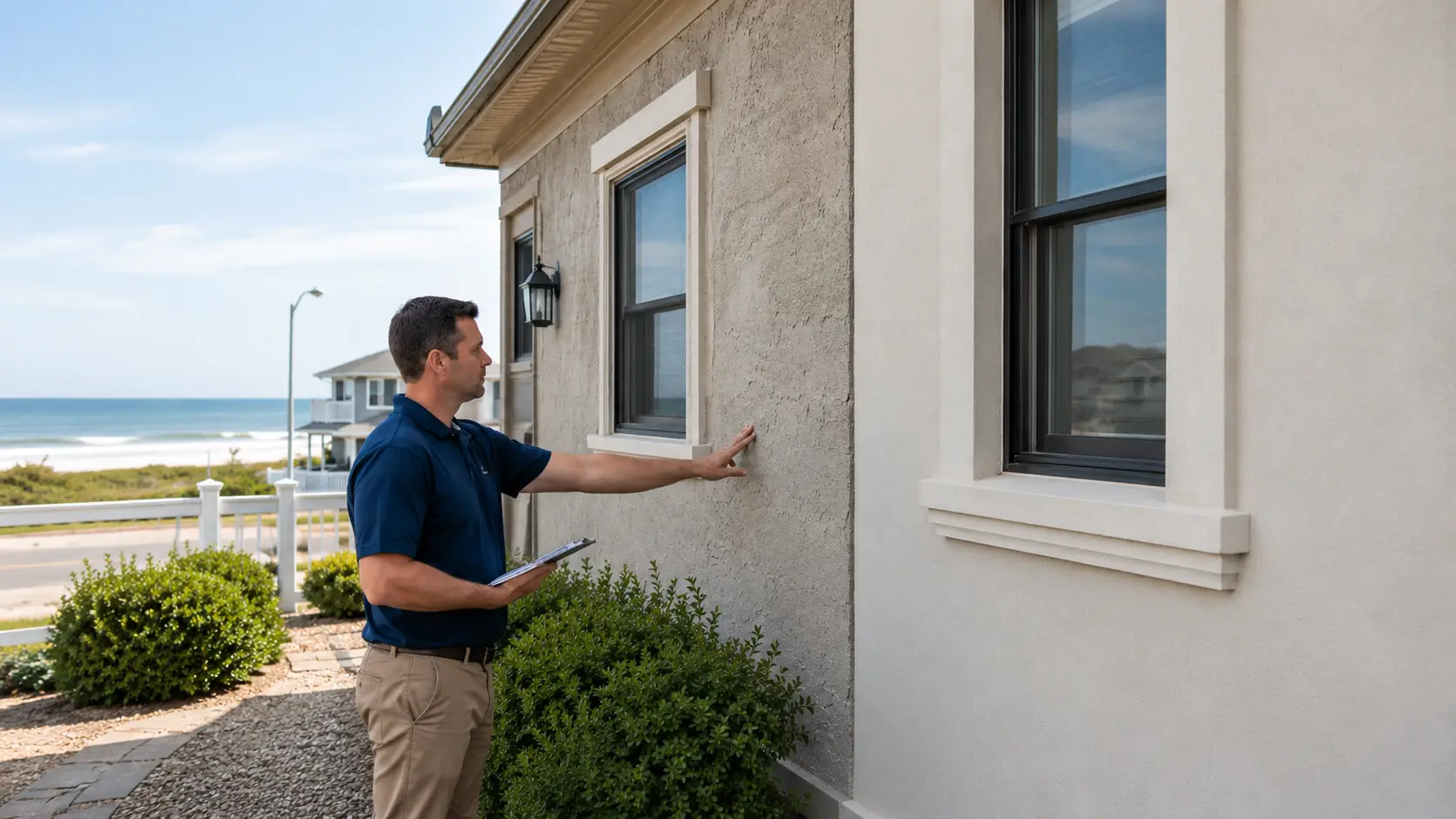 Inspector checking hard coat stucco and EIFS on a Long Branch coastal home