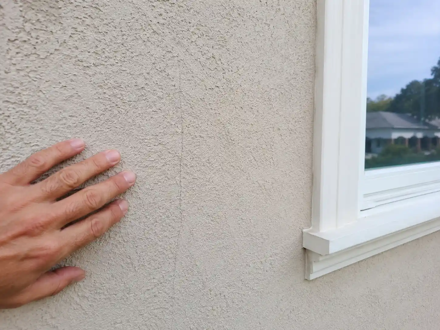 Homeowner inspecting a thin hairline crack beside a window on a stucco wall