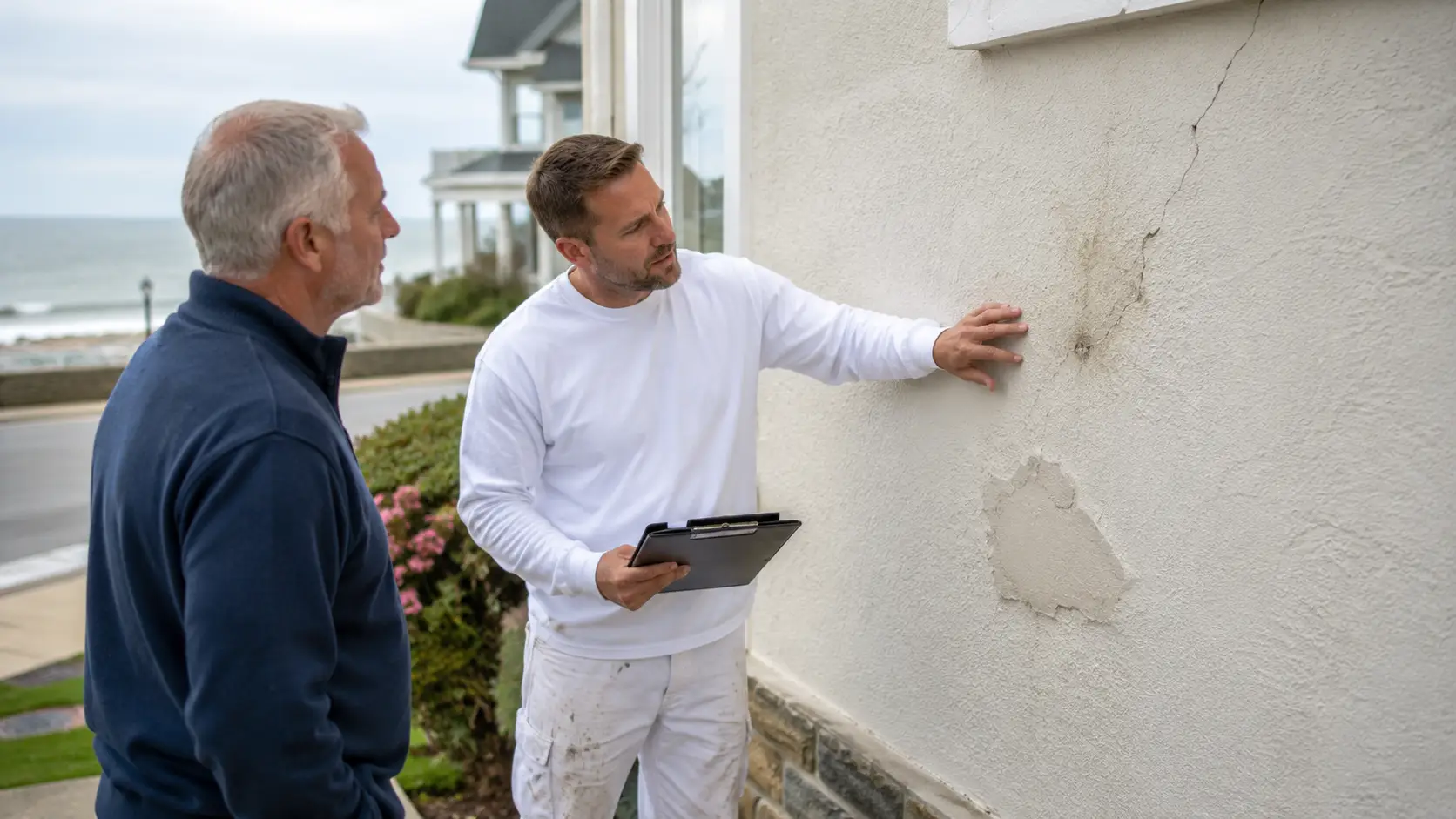 Contractor explains plaster repair scope to a Long Branch homeowner