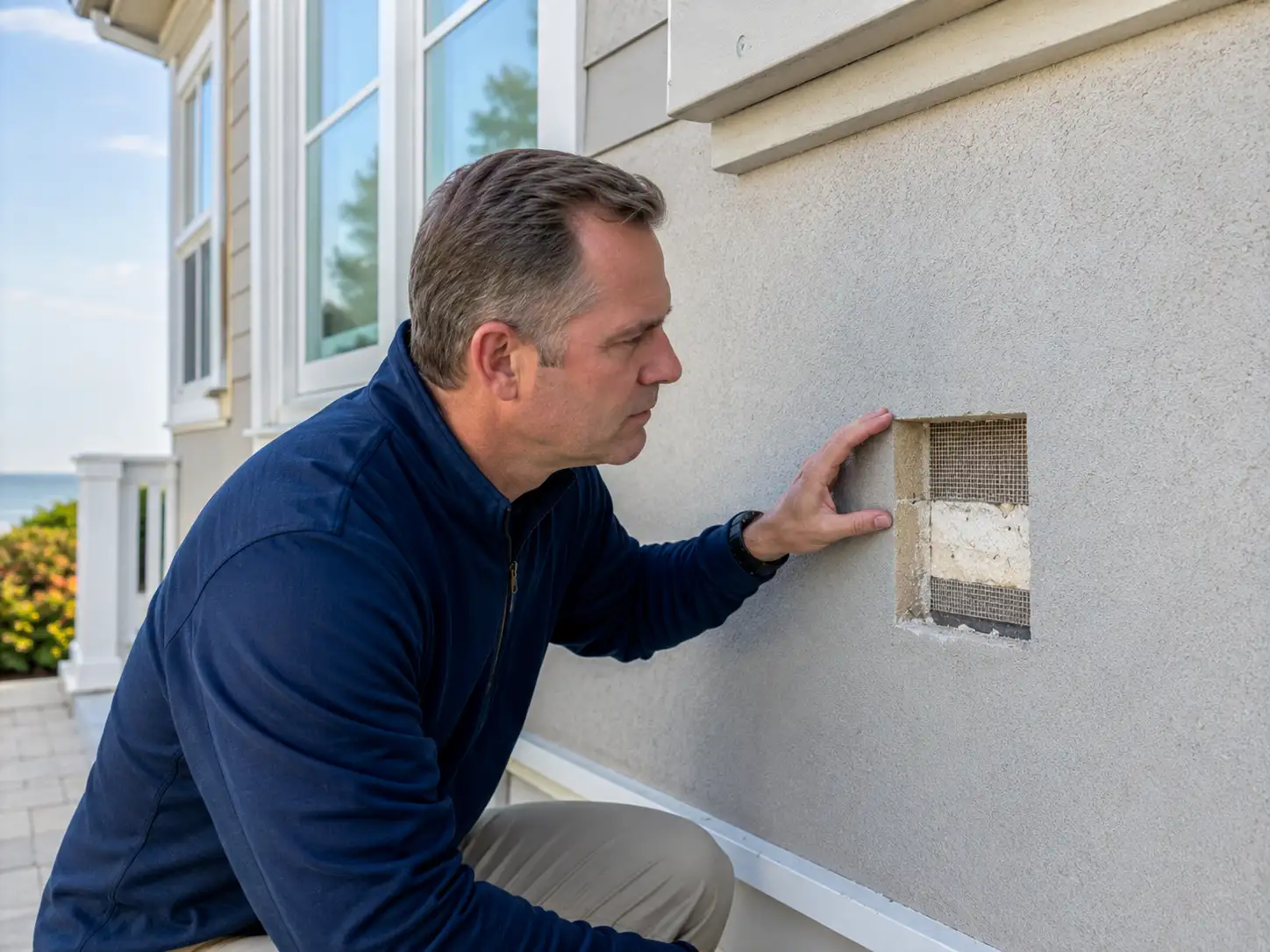 Contractor inspecting stucco wall cutout to identify EIFS and hard coat system