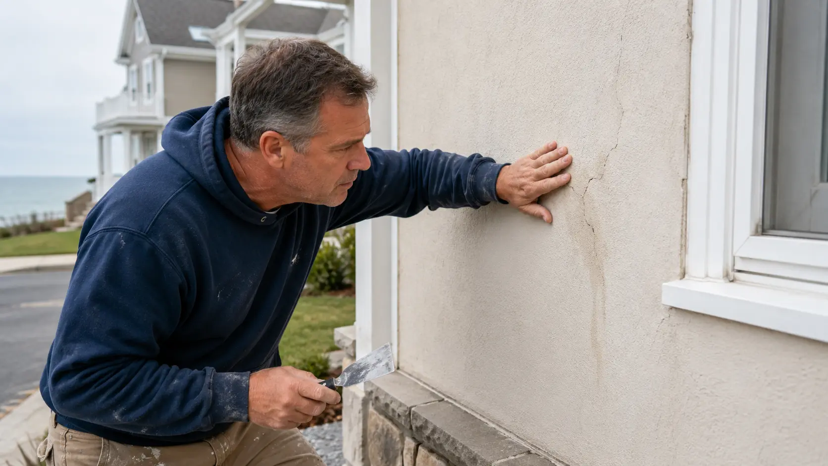 Contractor inspecting cracked veneer plaster on a coastal Long Branch home